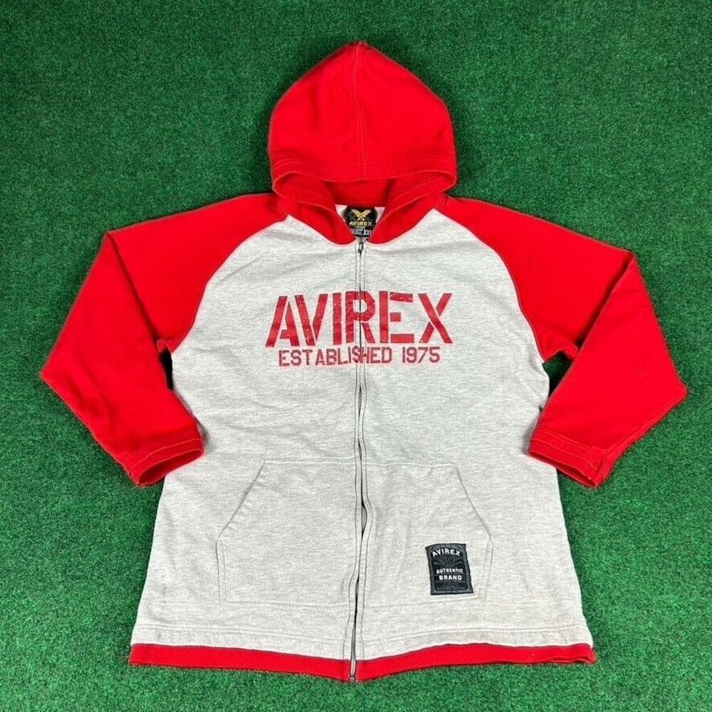 Avirex Mens‎ XXL Gray & Red Zip Up Hoodie Jacket Superior Spellout Logo 1975
